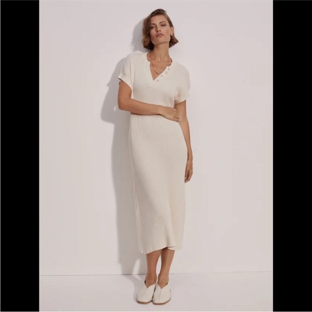 VARLEY Aria Ribbed Knit Cotton Jersey Polo Midi Dress Cream Color MEDIUM NWT